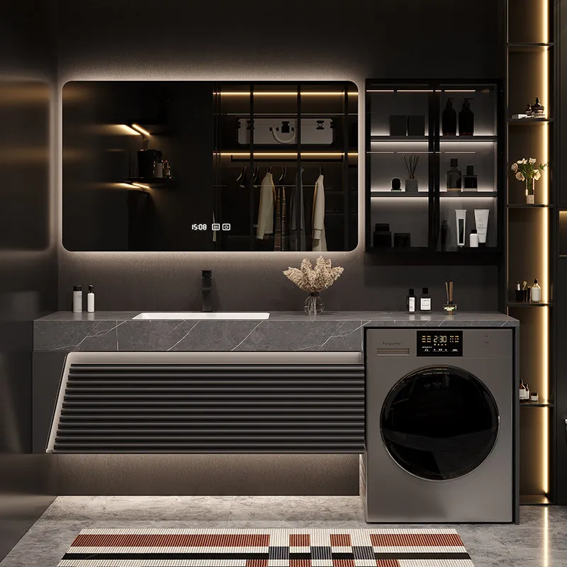 

Встроенный шкаф для стиральной машины из дуба, комбинированный шкаф для ванной комнаты, раковина из сланца для ванной.