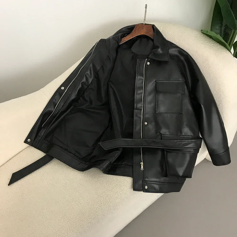 2024 Autumn New Pu Leather Jacket Women Vintage Spring Loose Tooling Strap Mid-length Leather Coat Female Biker Jacket