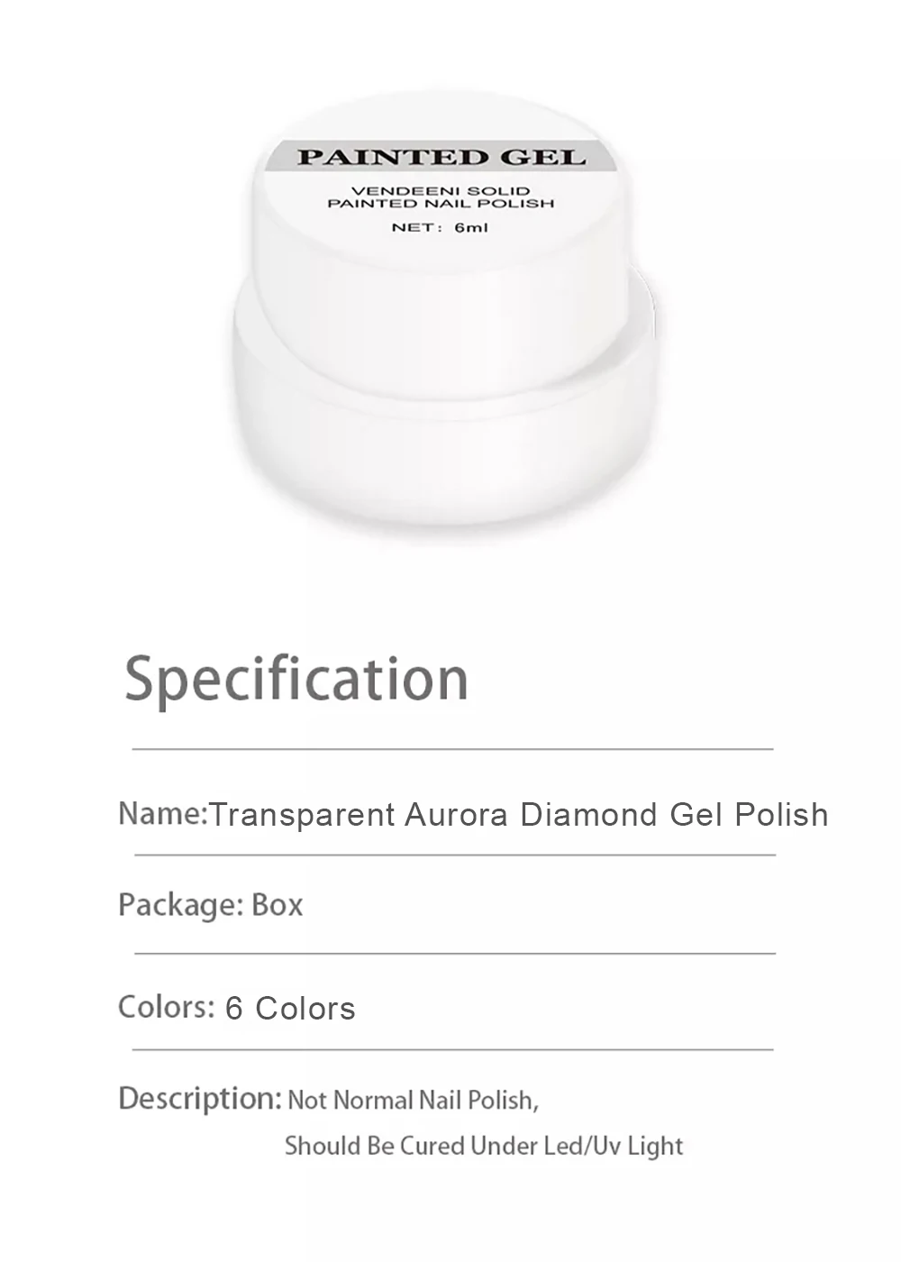 Vendeeni 6 Farben/Set Transparenter Aurora Broken Diamond Gel Nagellack UV Soak Off Gel Lack Glitzer Pailletten Jelly Gel Lack – Detail 12