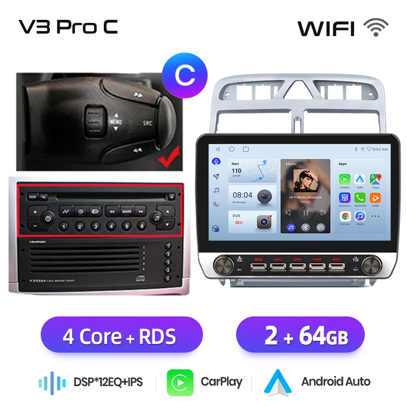 Junsun 10.1 "Draadloze Carplay AndroidAuto Autoradio voor Peugeot 307CC 307SW 2002-2013 radio met knoppen Bluetooth GPS 4G DSP