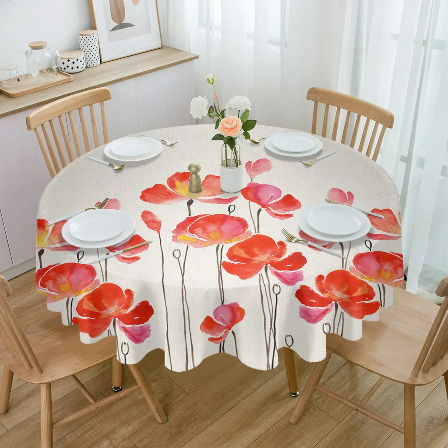 Mantel impermeable de amapola de acuarela roja, Decoración de mesa de té, cubierta de mesa redonda para cocina, fiesta de boda, comedor en casa