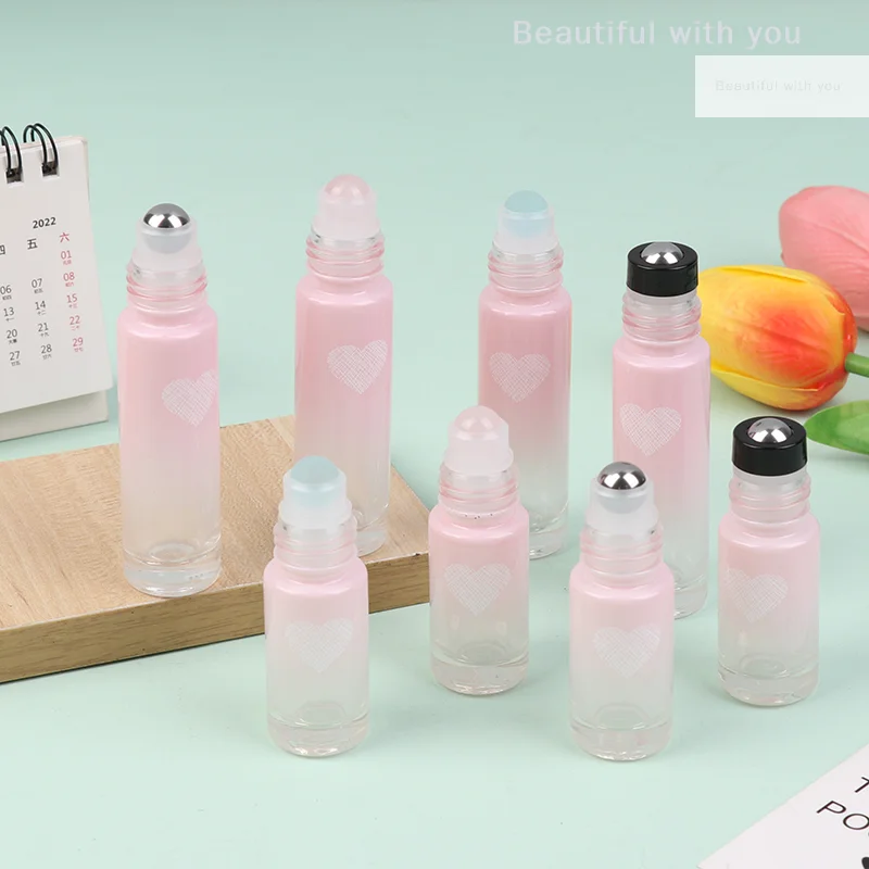 Thick Glass Roll On Bottles 5/10ml Gradient Color Empty Bottle Roller Ball Bottle For Essential Oil Travel Kit Love Shape Pink