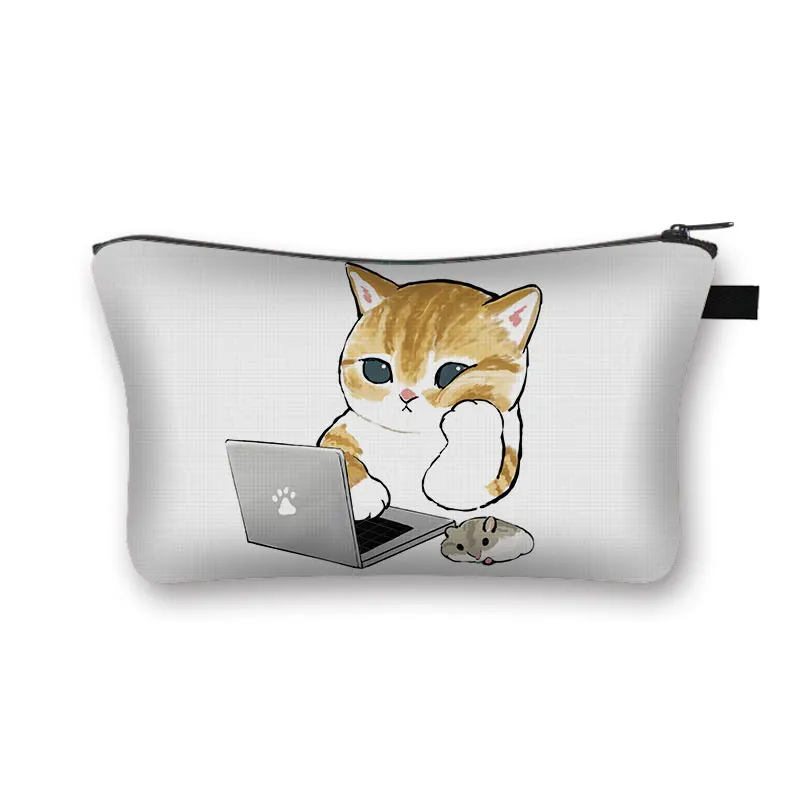 Kawaii Work Cat Printing Cosmetic Bag Children Mini Handbags Cats Blowing Fan Women Lipstick Bag Portable Cosmetic Bags