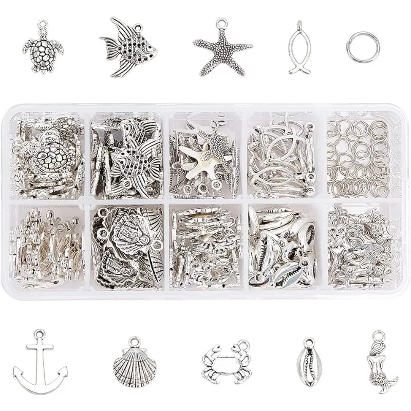 180pcs Fish Shell Charms 9 Styles Seaside Ocean Charms with 50pcs Jump Rings Starfish Seashell Surf Pendant Marine Animal