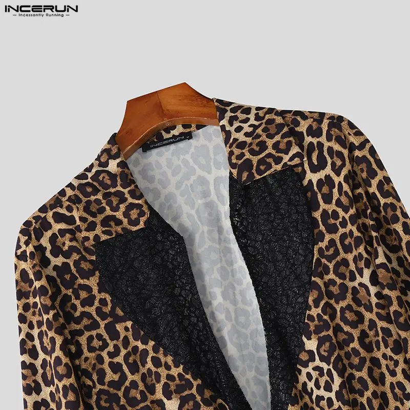 INCERUN Men Jumpsuits Leopard Print Lace Patchwork Lapel Long Sleeve Overalls Men Streetwear Loose Fashion Casual Male Rompers