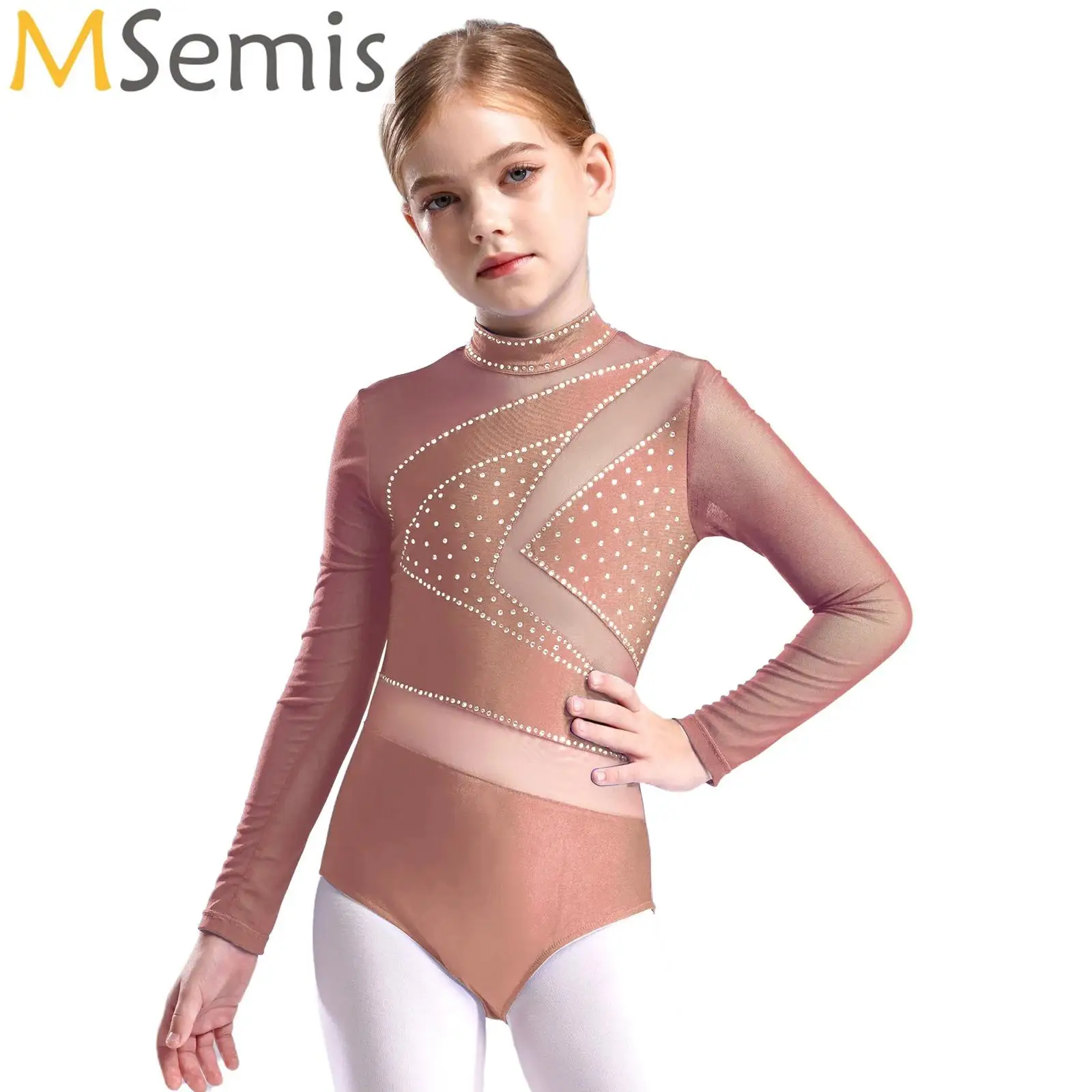 

Kids Ballet Leotard Rhinestone Cutout Back Body Suit Sheer Mesh Long Sleeved Gymnastics Dance Figure Skating Performance Clothes