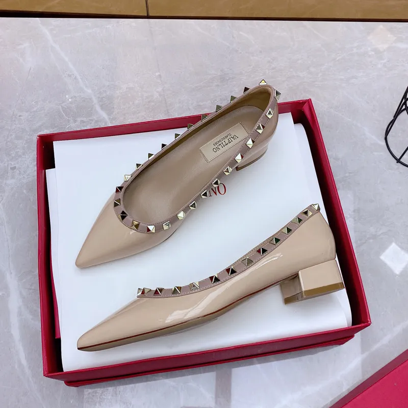 Nude Women Shoes Leather Luxury Brand Rivets High Heels Shoes Designer Pumps Pointed toe Casual Squar Heel Prom Ladies Shoes