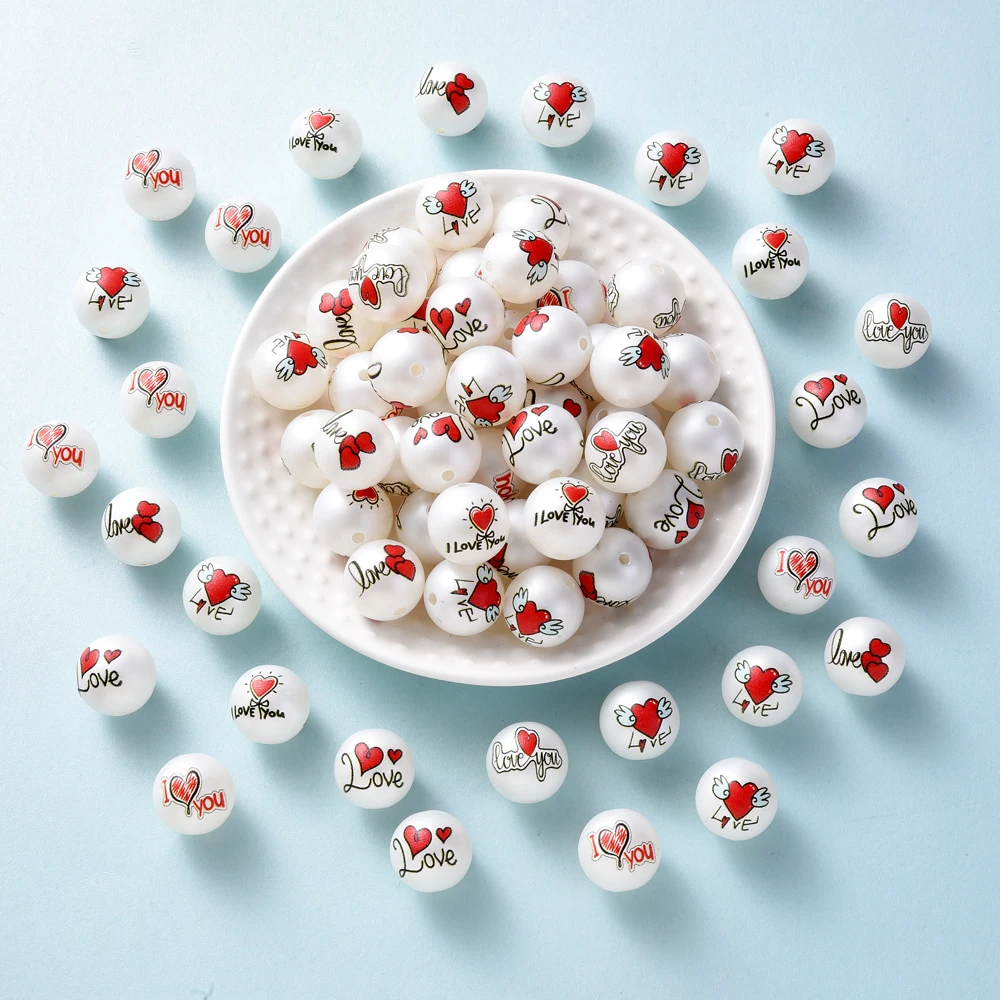 

10pcs Print Heart Acrylic Beads Round Loose Beads For Handmade Pacifiers Chain Beaded Pen Bracelet Necklace Accessories