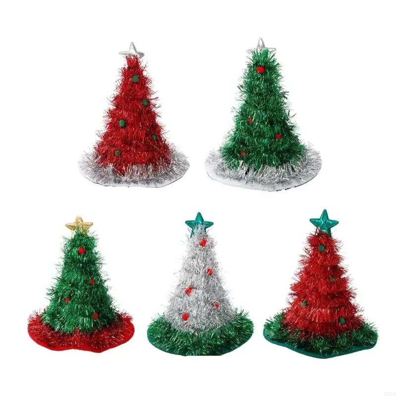 

P88A Shiny Tinsel Tree Colorful with Star Theme Hats for Adults Santa Costume