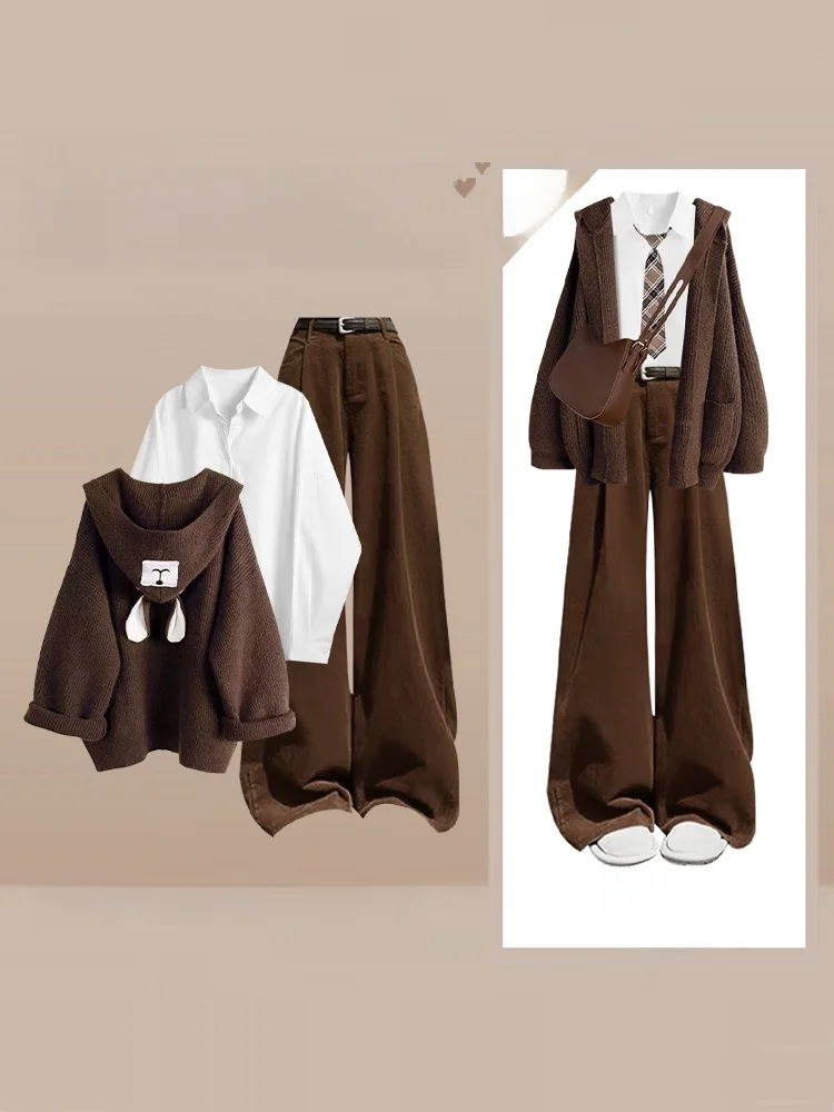 

Women's Knitted Hat Sweatshirt Jacket Three-Piece Set Fall 2025 Coffee Color Lazy Beauty Mellarad Style Casual Fashion