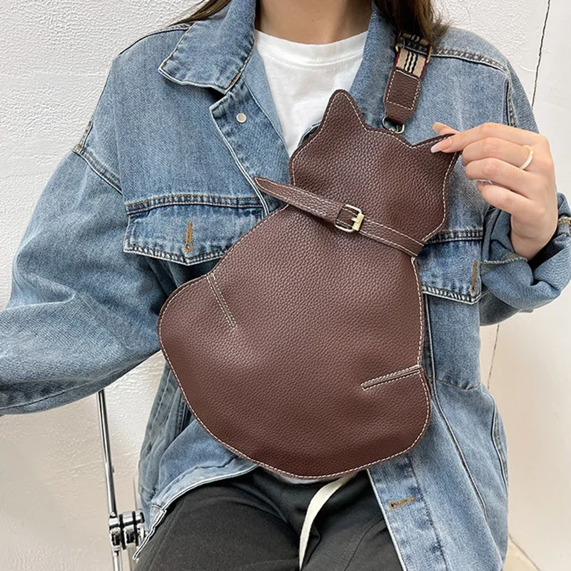 2024 Vintage Women Chest Waist Bag Cat Shape Shoulder Casual Crossbody Bags Quality Leather Handag Purse Ladies  Brand Designer