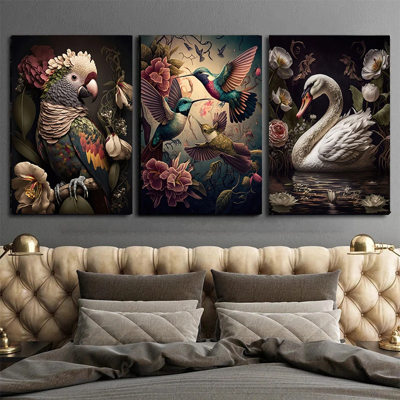 Abstract Animals in Jungle Flowers Posters Canvas Painting Toucan Bird Owl Lion Monkey Wall Art For Living Room Home Decor