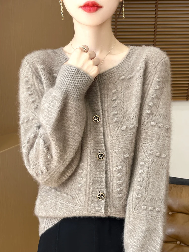 Autumn Winter Warm Soft Cable Stitch Simple Comfortable Women's O-Neck Cardigan 100% Merino Wool Knitted Sweater Clothing Tops
