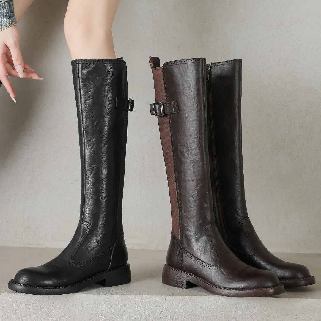 

Women's genuine leather stretch fabric patchwork round toe side zip flat knee high boots casual female autumn long boots shoes