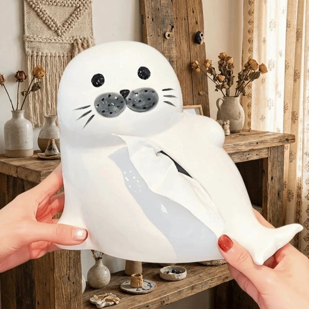 

Home Decoration Large Capacity Seal lion Napkin Holder Smooth Cartoon Ceramic Tissue Box Cute Funny Napkin Storage Box Bathroom