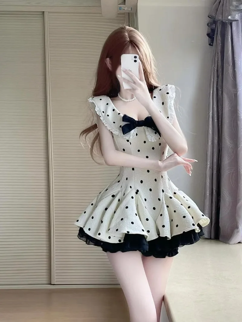 Francês puro desejo tempestade ponto arco novo vestido de verão doce cintura cinching temperamento princesa emagrecimento saia curta para mulher