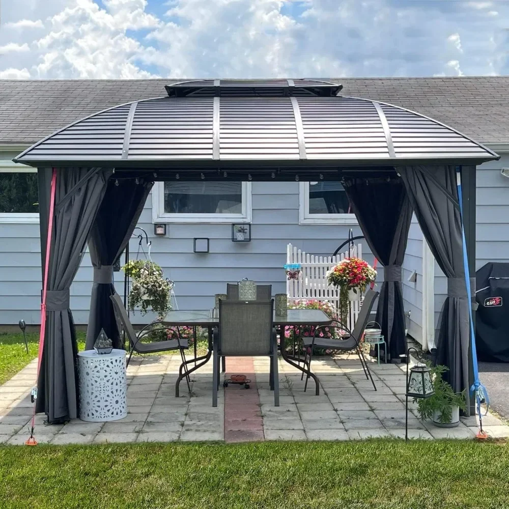 10' x 12' Hardtop Gazebo Outdoor Aluminum Gazebo Arc Grill for Patios Backyard, Galvanized Steel Double Roof, Curtain & Netting