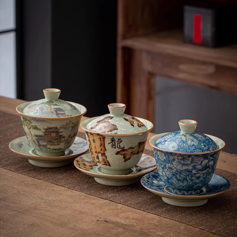 

Винтажный керамический ручной чайник Gaiwan с защитой от ожогов, античная глазурь, синий и белый чайный сервиз, одинарная трехзубная чайная чаша с открытым ломтом