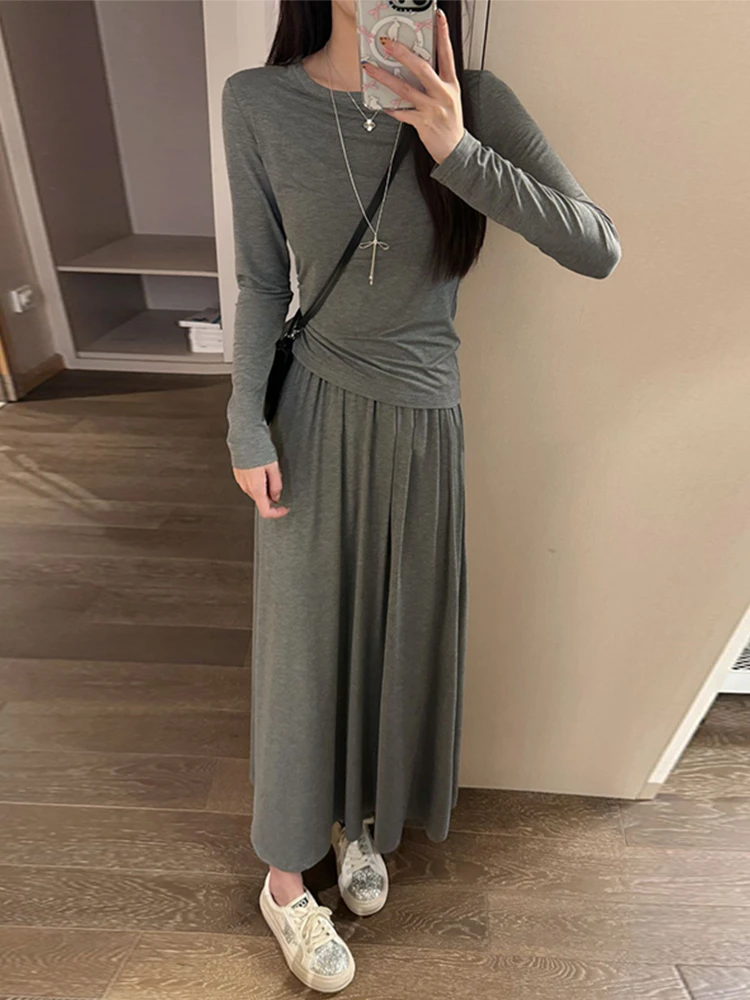 

Early Autumn ey Long Sve Dr Women's Faion Korean Sle Clete Set Ele Long Dr A-Line Skirt Stand Fit