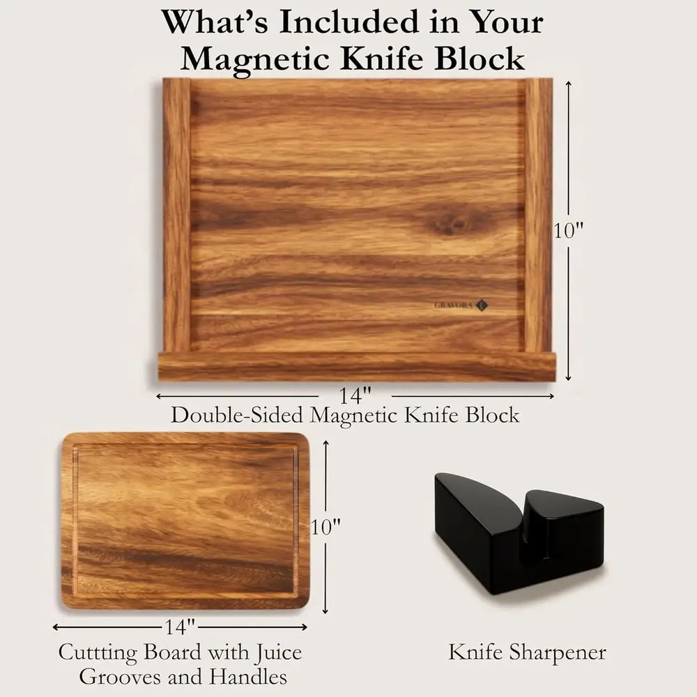 แท่นวางมีดแม่เหล็กไม้สองด้าน พร้อมเขียงไม้กระถินเทศขนาด 14x10 นิ้ว และที่ลับมีด