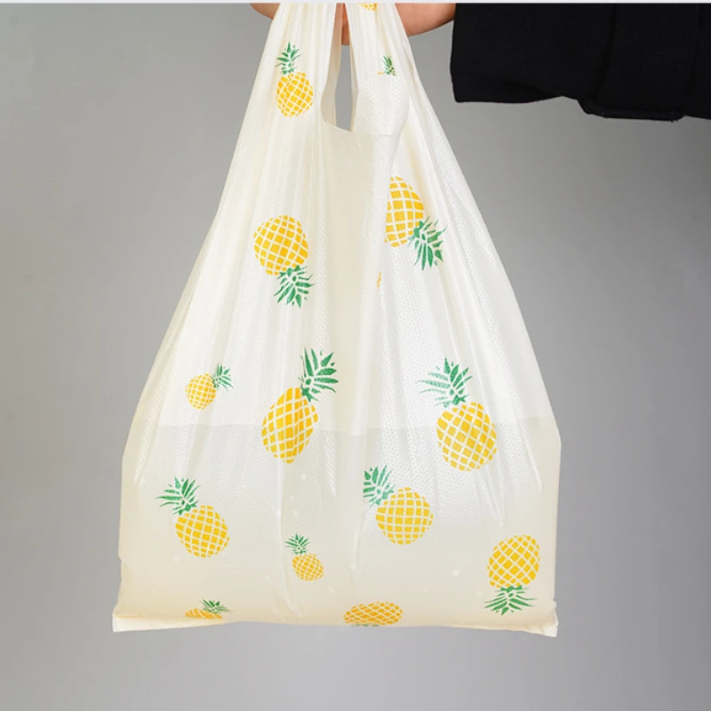 50 Pcs Cute Fruit Plastic Bag Carry Out Bags With Handle For Small Business Food Packaging Retail Supermarket Grocery Shopping