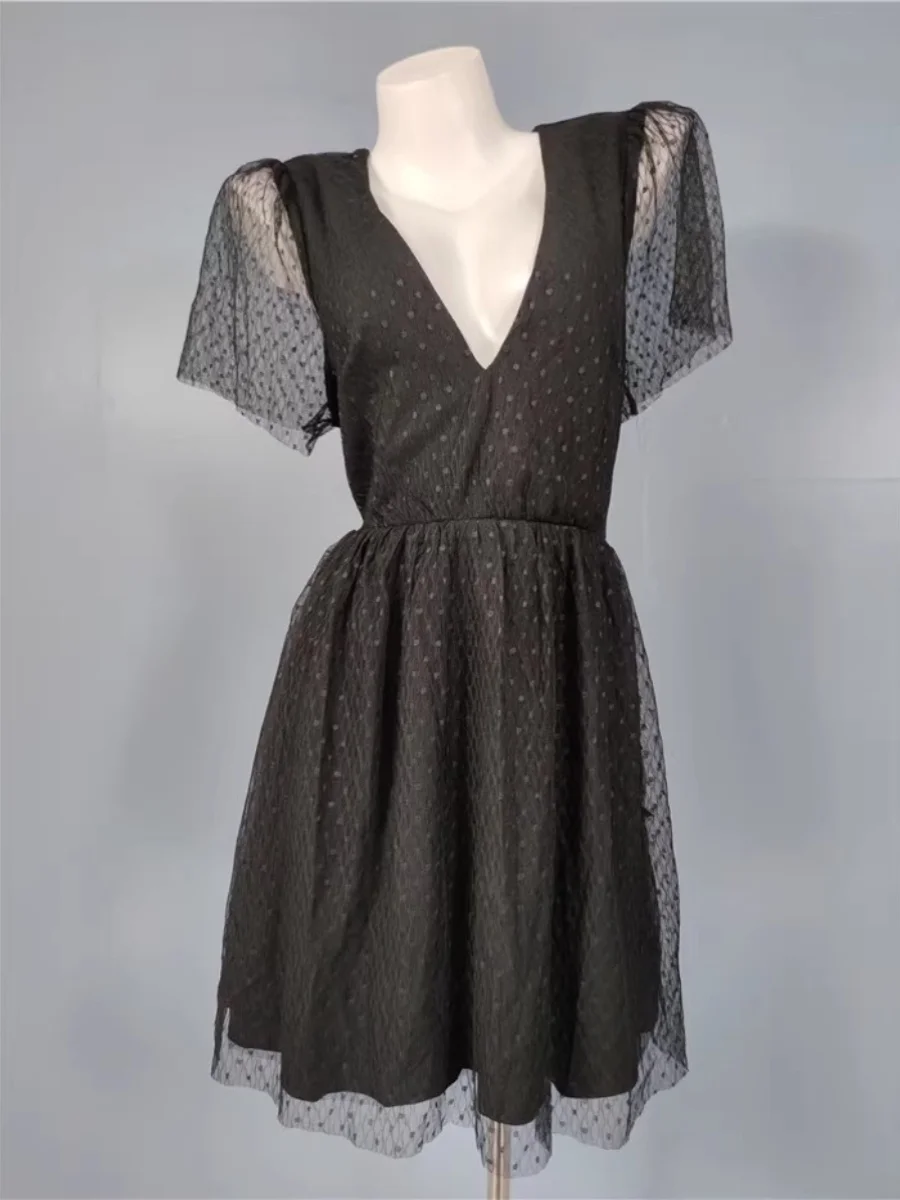 

Элегантное весеннее модное женственное платье миди в горошек с пышной юбкой, сетчатое, с коротким рукавом, V-образным вырезом, завышенной талией, А-силуэт, D...