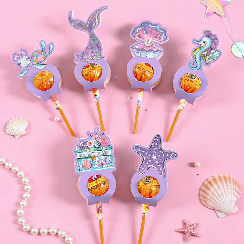 24 Stück lila Meerjungfrauen-Lollipop-Halterkarten, 6 gemischte Muster, Süßigkeiten-Lollipop-Papierkarten, Dekoration im Unterwasser-Thema, Geschenk-Gastgeschenke – Detail 2