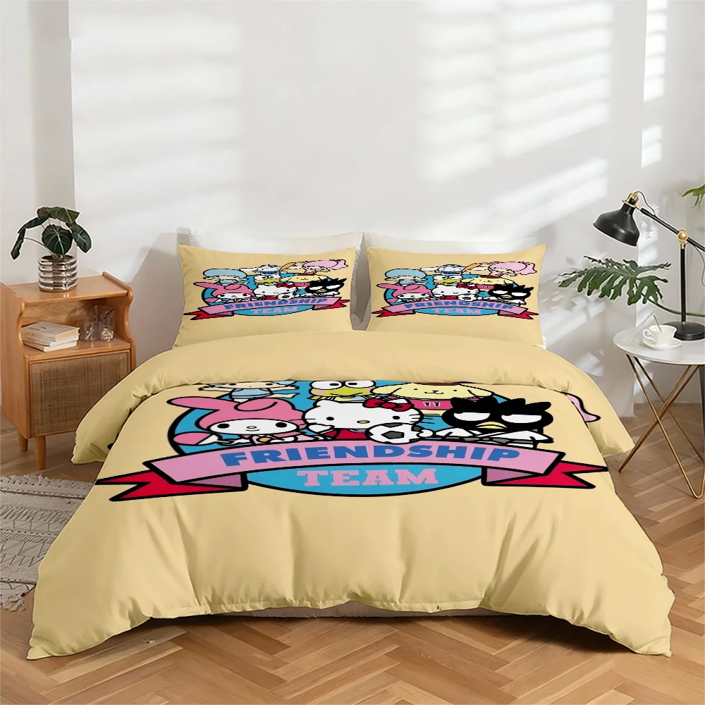 

3-Piece High-Definition Digital Printed Bedding Set with Hello Kitty and Other Cartoon Patterns, Large Floral Pattern Duvet Cover Set, Includes 1 Duvet Cover + 2 Pillowcases, Suitable for Bedroom, Guest Room, Home Decoration, Polyester Fiber Duvet Cover +