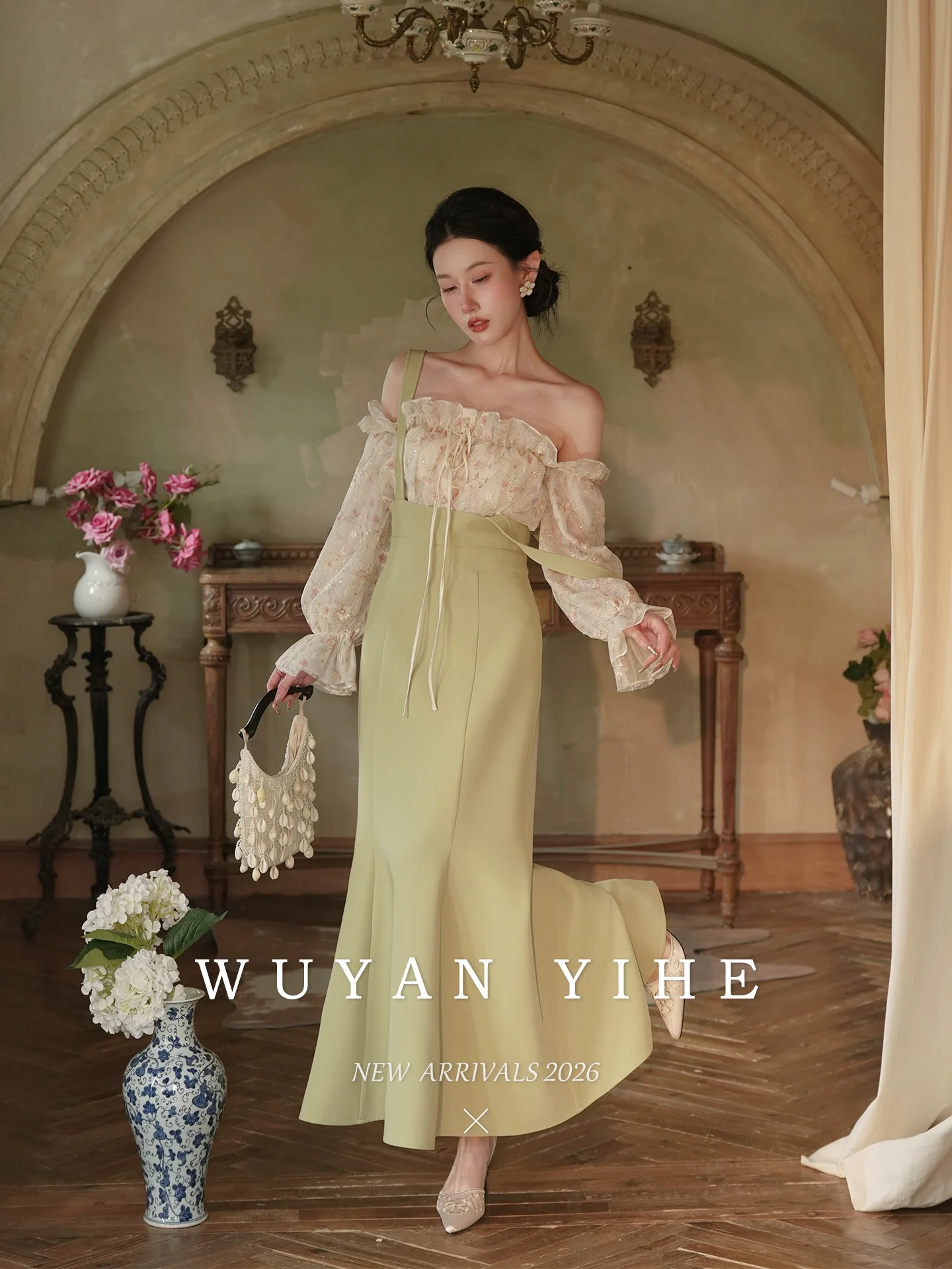 

Romantic Lace One-Shoulder Top with Fish-Tail Skirt Set by Wu Yan He from Hai De Flower House for Casual And Date Wear
