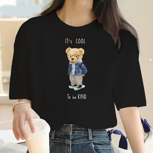 Imagen 2 del producto Camiseta con estampado de oso de talla grande para mujer, camiseta informal de algodón de alta calidad con personalidad de gran tamaño y cuello redondo, marca de lujo, verano