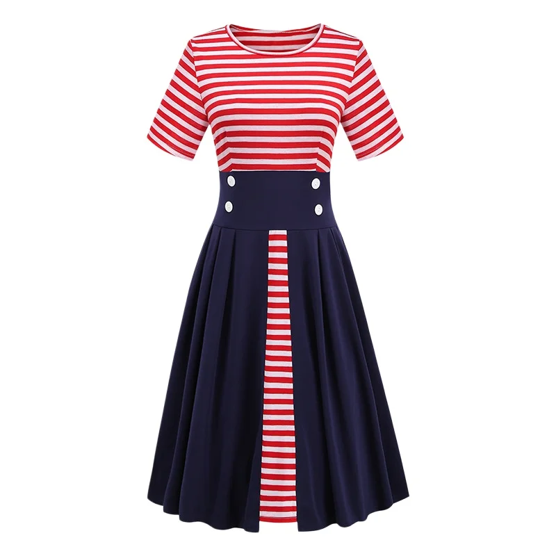 

Women's Nautical Striped A-Line Dress - Retro Patchwork Short Sleeve Midi Dresses High Waist Pleated Dress For Outwear