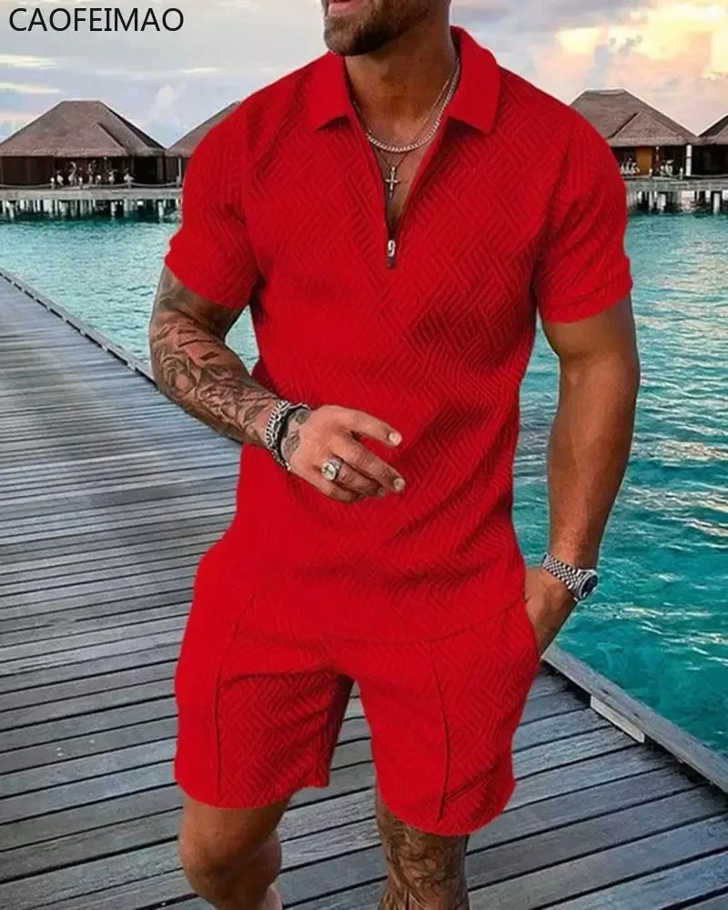 2025 New Men's Suit 3D Color Stitching Print Summer Short Sleeve Polo Shirt Shorts Suit Fashion Zipper Polo Shirt Two Piece Set