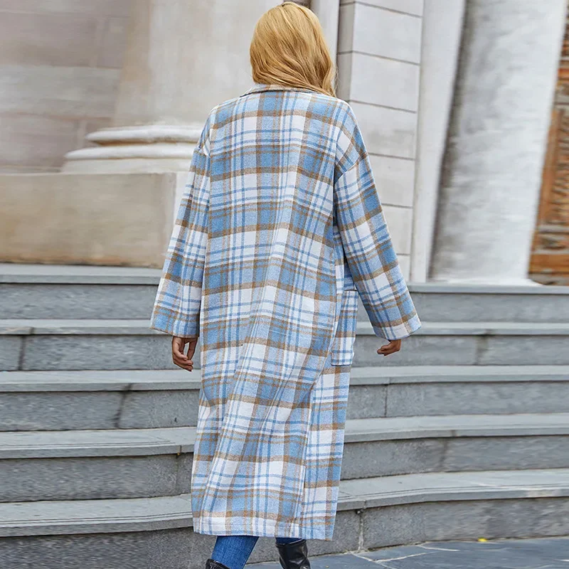 Windbreaker Women's Mid-length Coat 2022 Autumn and Winter Fashion New Blue and White Plaid Long-sleeved Pocket Ladies Cardigan