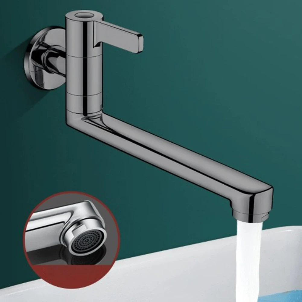 Extended length rotatable faucet for wall mounting in kitchen or pool area with single handle control and practical design
