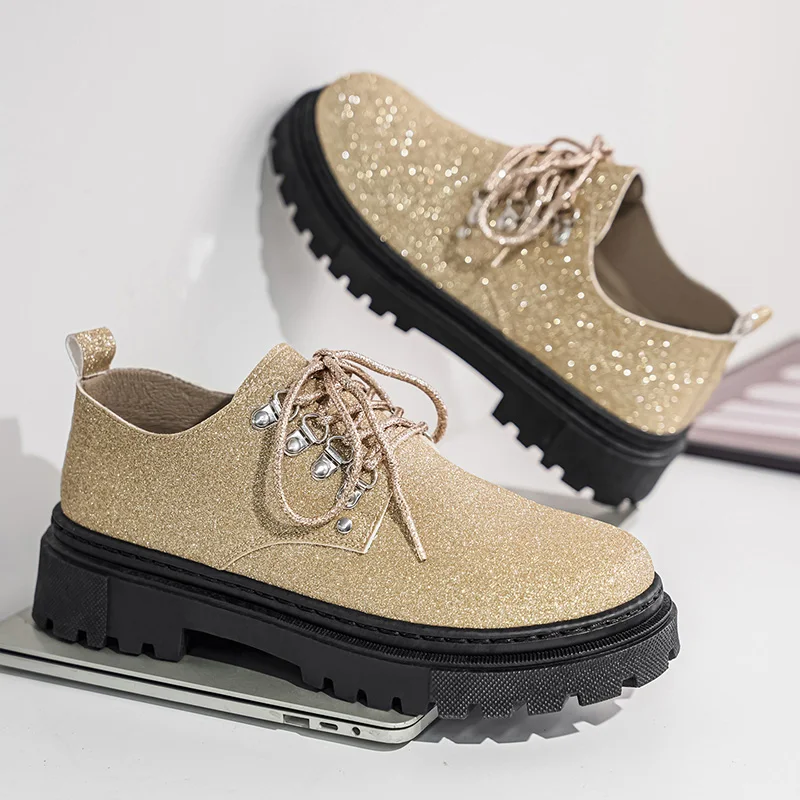 

Men's Shoes Spring and Autumn New Style Personalized Sequined Gold and Silver Performance Leather Shoes Trendy Versatile Performance Short Boots Fashionable Wear-Resistant Thick-Soled British-Style Sneakers