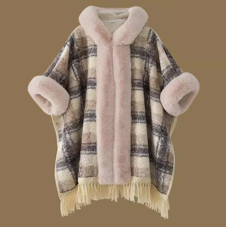 Autumn Winter Women's Blue White Patchwork Woolen Tassel Cape Coat Fleece Lined Thickened Warm Pink Yellow Plaid Hooded Shawl
