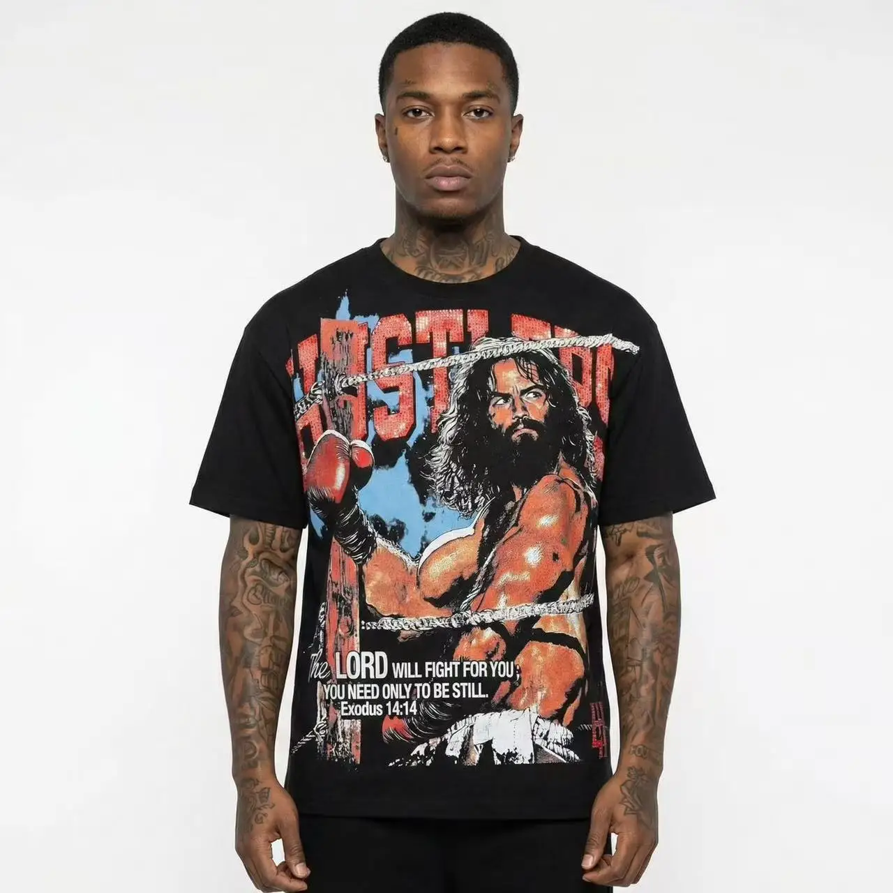 Vintage Boxing Match Print INS High Street Rhinestone Distressed Heavy Pure Cotton Short Sleeve T-shirt Streetwear Citywalk C...