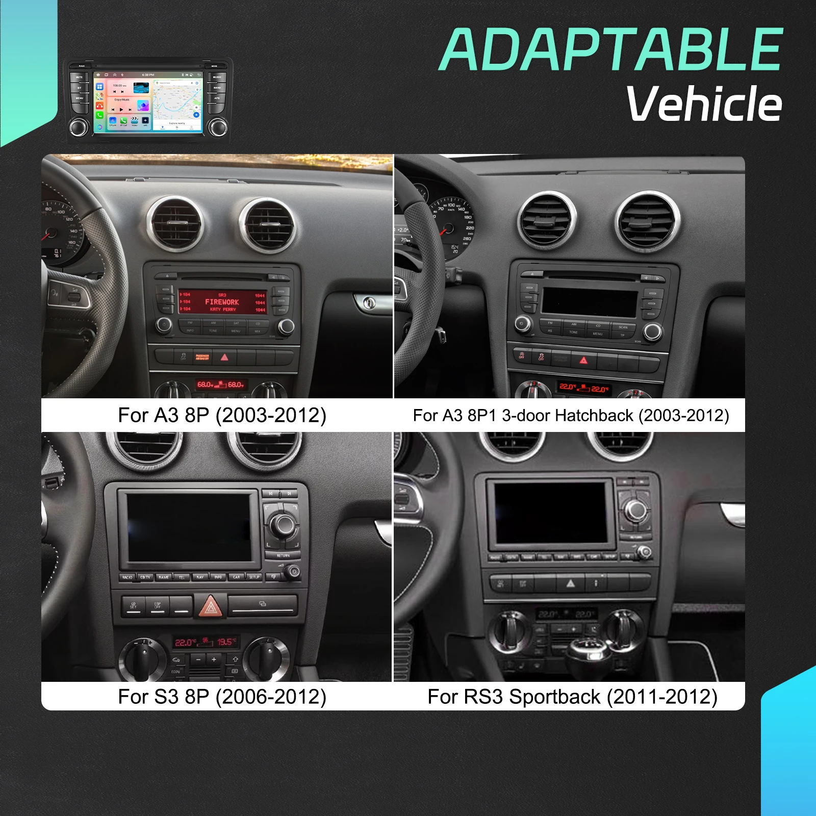 Podofo 7 Zoll 2 Din Autoradio Multimedia-Player für Audi A3 8P/A3 8P1 3-Türer Schrägheck/S3 8P/RS3 Sportback 6+128G HD Kapazitiver Touchscreen Kabelloses Carplay Android Auto Mirror Link Auto-Audiosystem WIFI GPS BT FM/RDS Autoradio Stereo – Detail 1