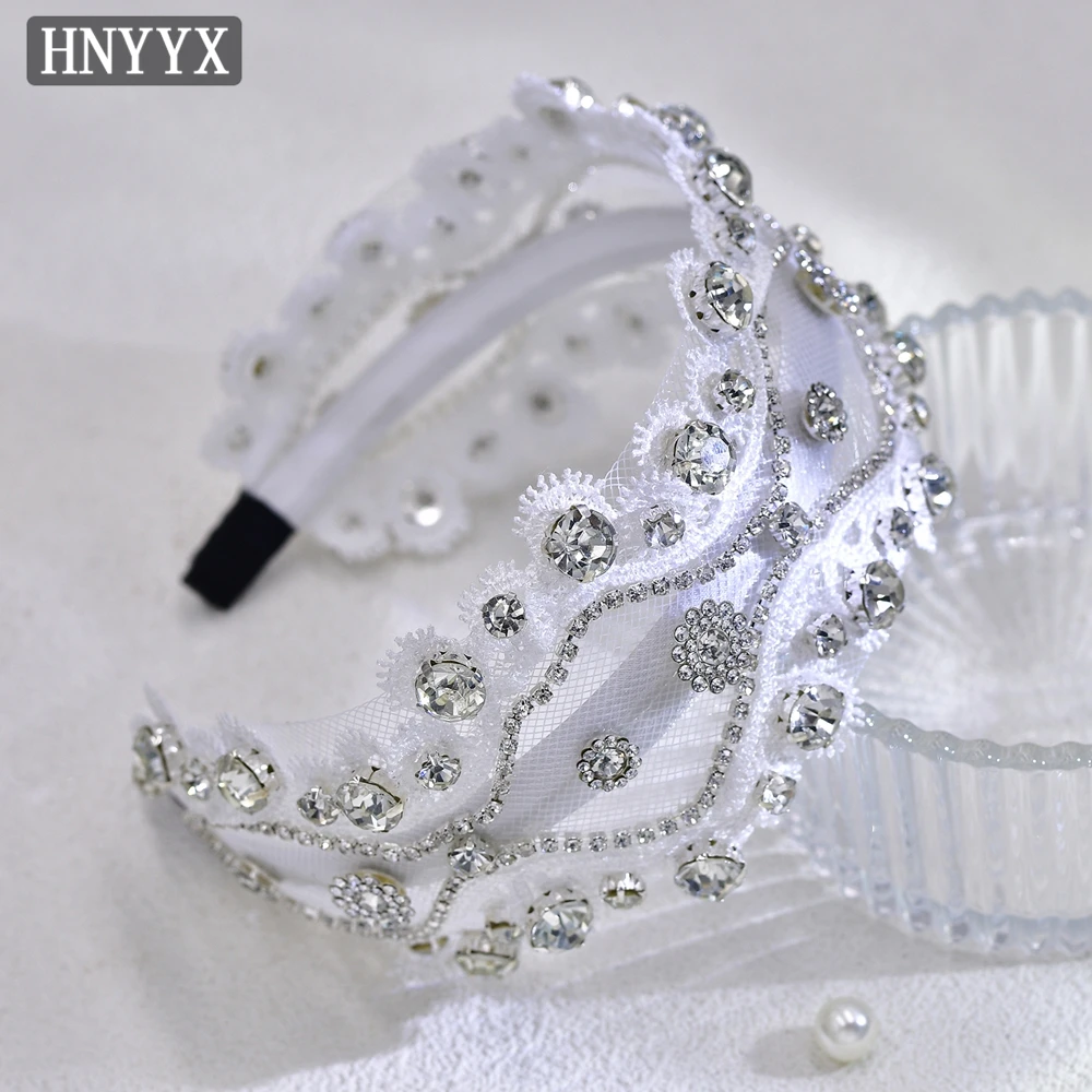 

HNYYX Elegant White Color Bride Wide Headbands Handmade Mesh Hair Hoop With Rhineston Bridal Headpieces Wedding Headpiece A218