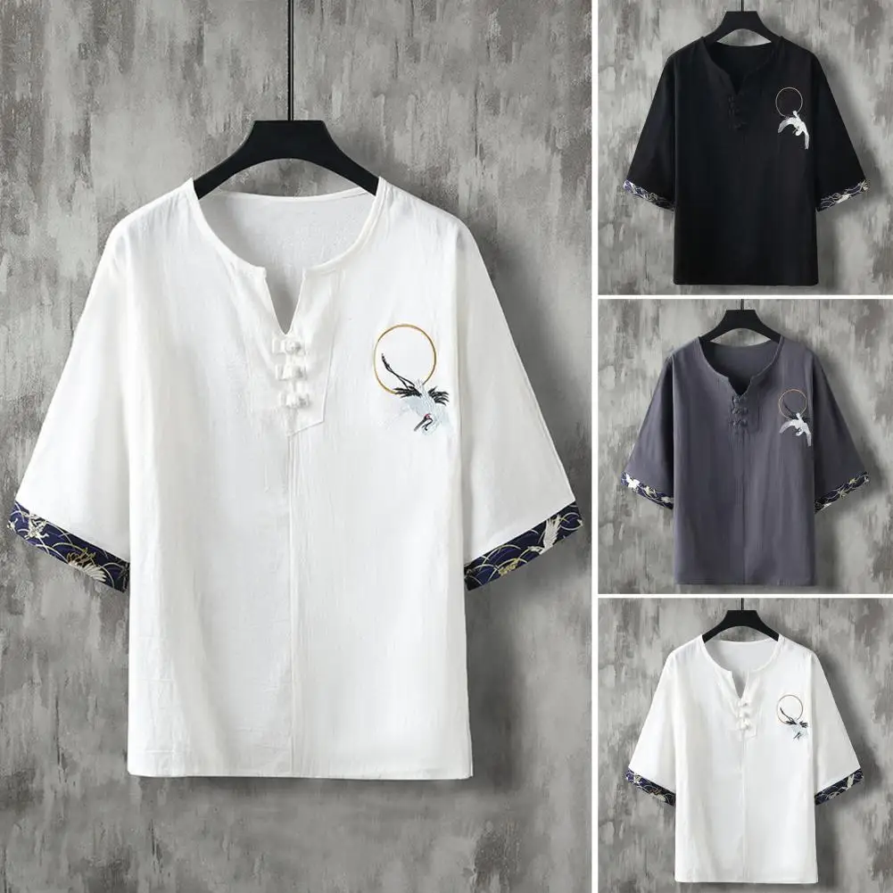 Men Top Chinese Style V Neck Men's T-shirt Retro Knot Button Bird Embroidery Loose Fit Solid Color Short Sleeve Pullover Men