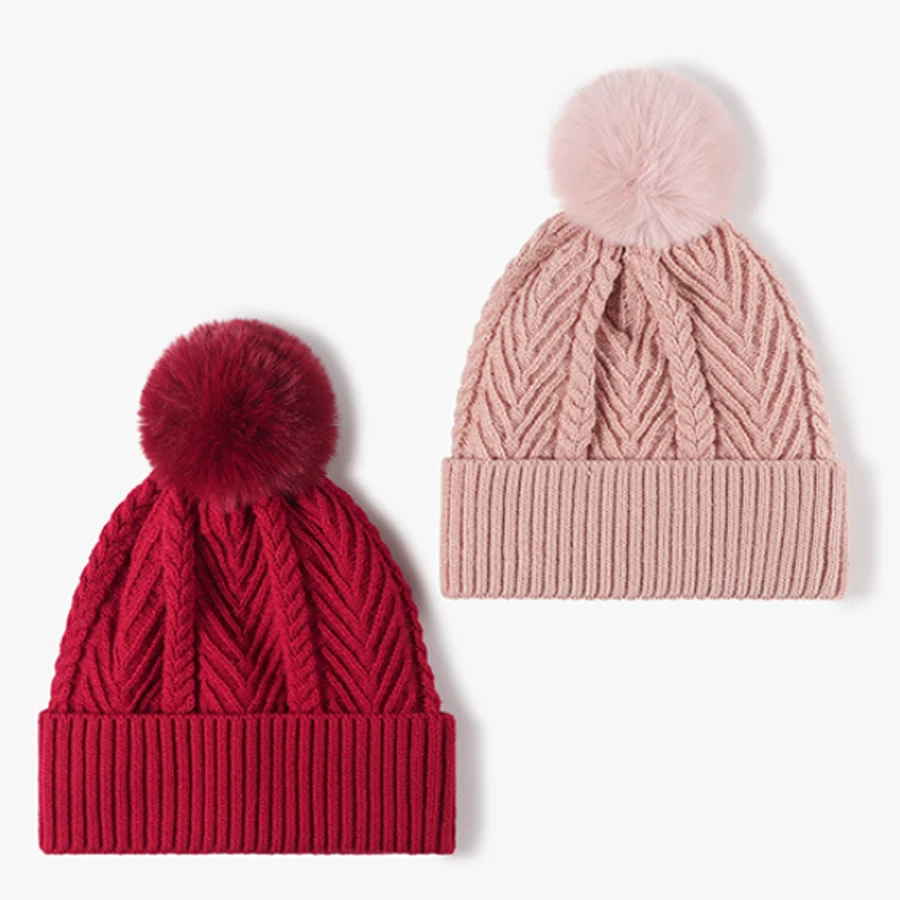 

thickened fleece-lined plush lining beanies hats for women cute fur pompom solid color jacquard knitting winter hats women girls