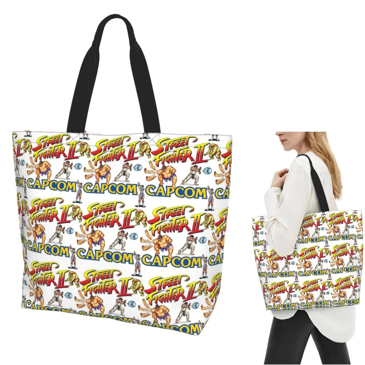 

Street Fighter 2 Turbo Pattern Shopping Tote Bag Canvas Large Capacity Shoulder Bags Shopper Grocery Handbag for Women