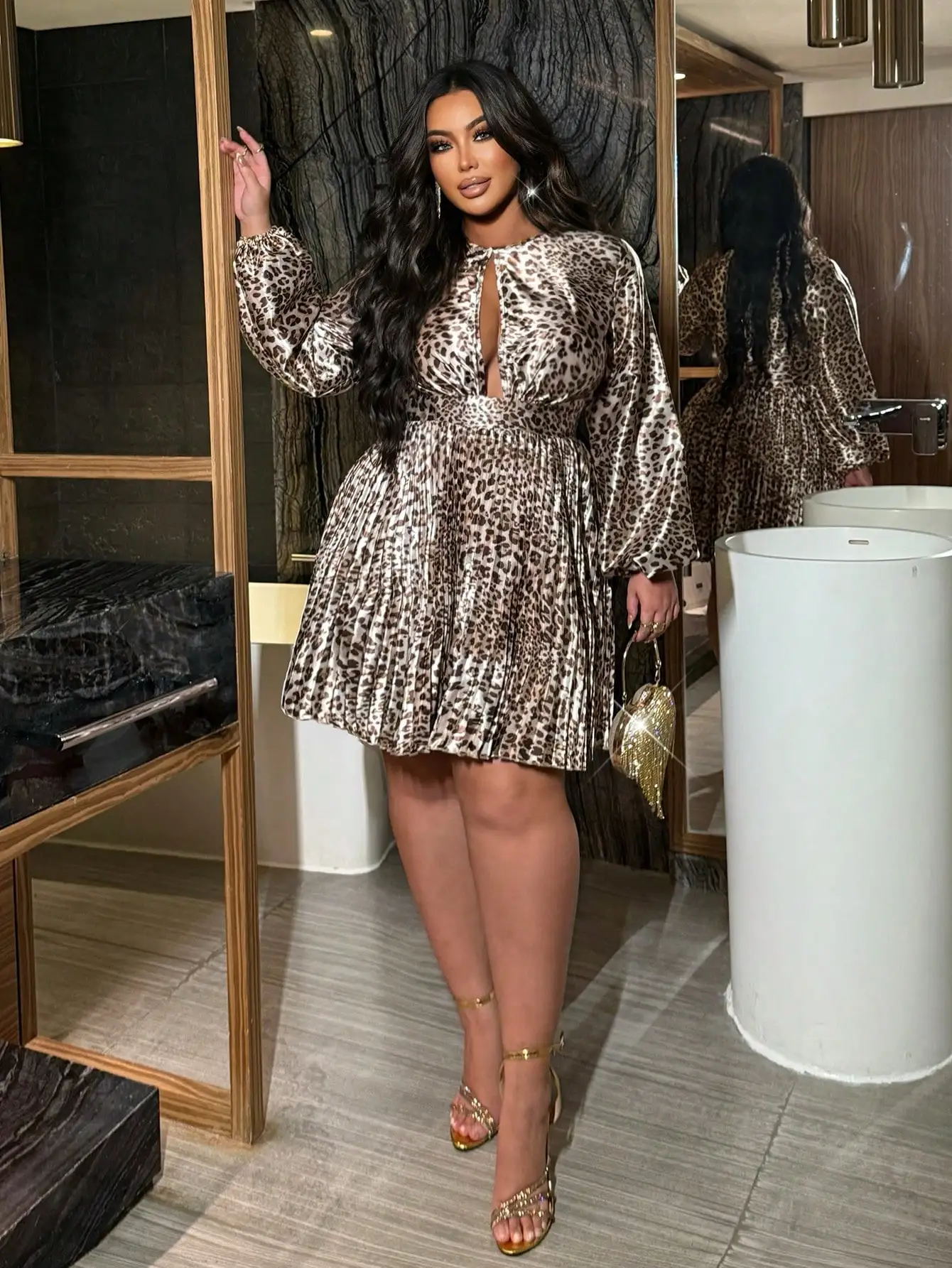 

Plus Size Women Sexy Vintage Leopard Pleated Mini Dress