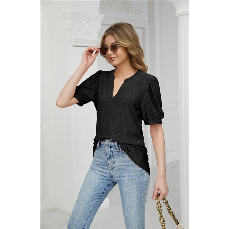 

【SEE】Summer Puff Short Sleeve Shirts For Women Loose Fit Eyelet T Shirt Notch V Neck Tunic Blouse Hollow Out Work Tops