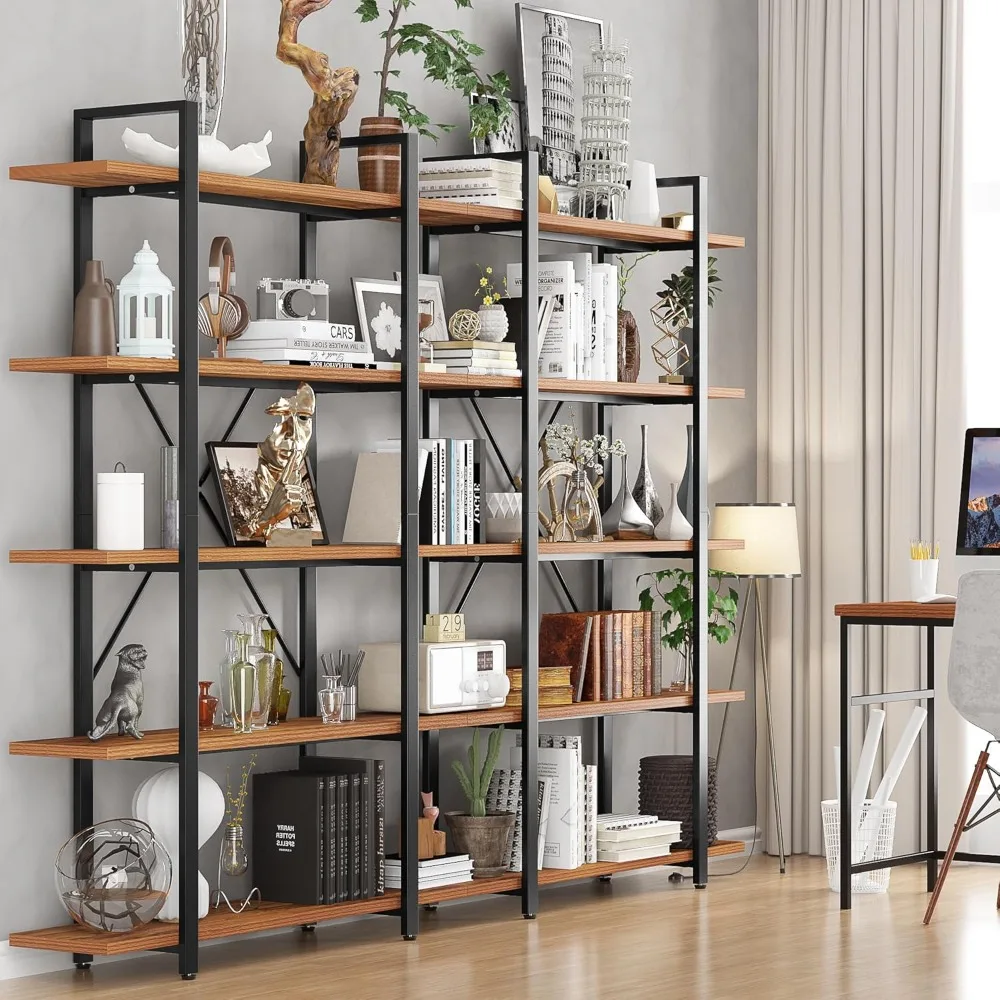 Wood and Metal Minimalist 5 Tier Bookshelf, Modern Wooden Big Book Shelf for Home Living Room Bedroom , Rustic Brown, Bookcases