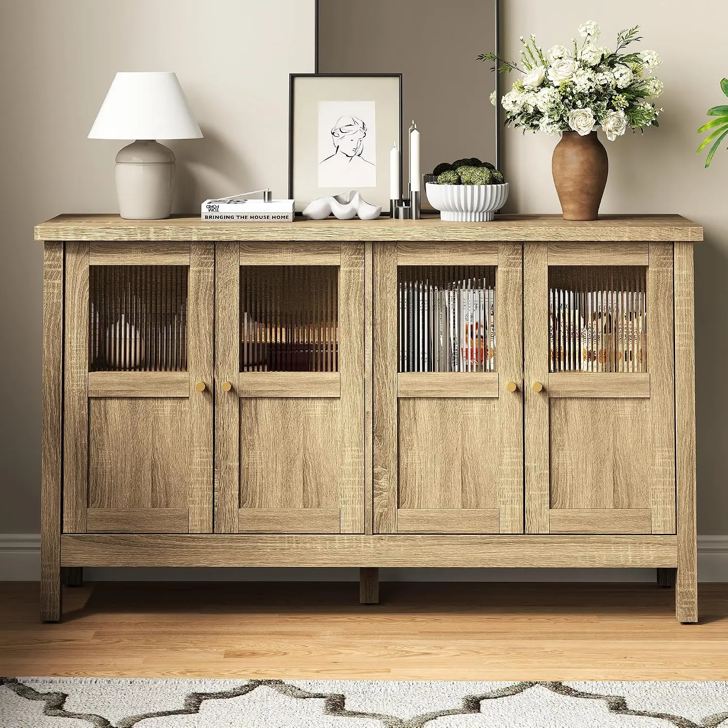 Buffet Cabinet Sideboard with 4 Acrylic Doors & Adjustable Shelves, Wood Coffee Bar Table , Natural, Customized