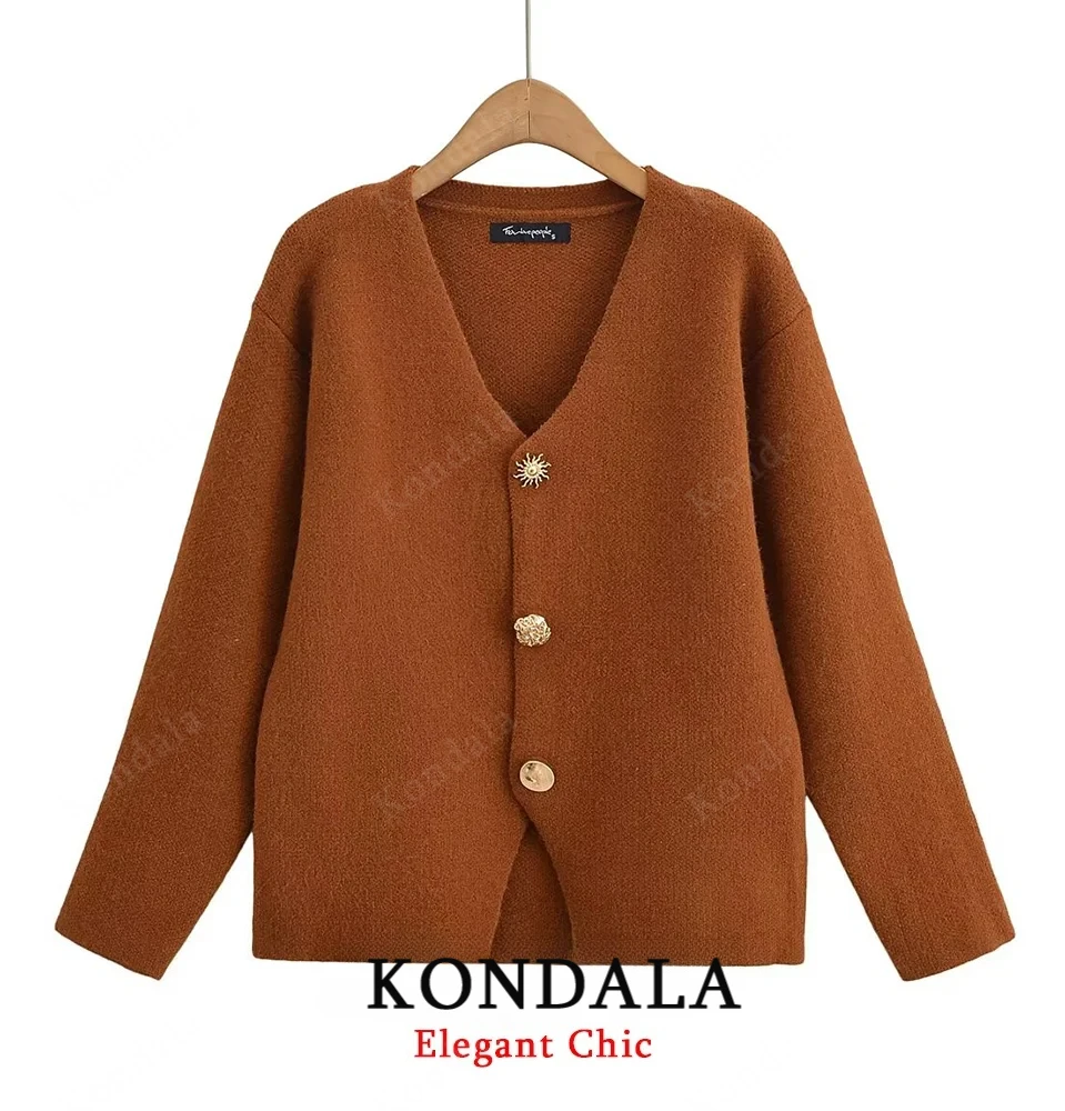 

KONDALA винтажный повседневный кардиган, женский коричневый кардиган на пуговицах с длинными рукавами, весна-осень 2021, модный простой элегантный женский кардиган