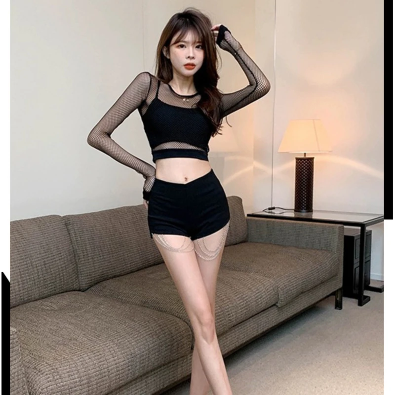 Kpop Girl Group Y2k Street Dance Hip Hop Outfit Women Mesh Hollow T-shirt Crop Tops Black Slim Shorts Music Festival Stage Wear