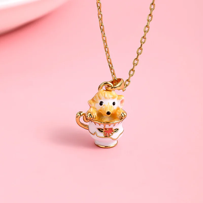 Fashion Cute Animal Pendant Hand Painted Enamel Lovely Teacup Funny Creative Small Peppy Sweeter Chain Necklace Gifts for Women