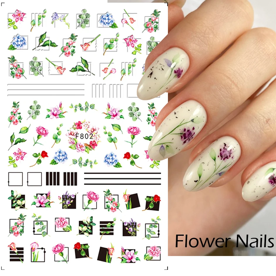 1pc 3D Charms Flower Leaf Nail Art Stickers Watercolor Sakura Geometry Line Spring Decor Sliders Manicuring Accessories GLF802